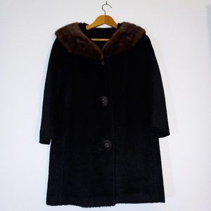 Vintage 1960s black A-line wool coat, three large buttons, faux fur collar